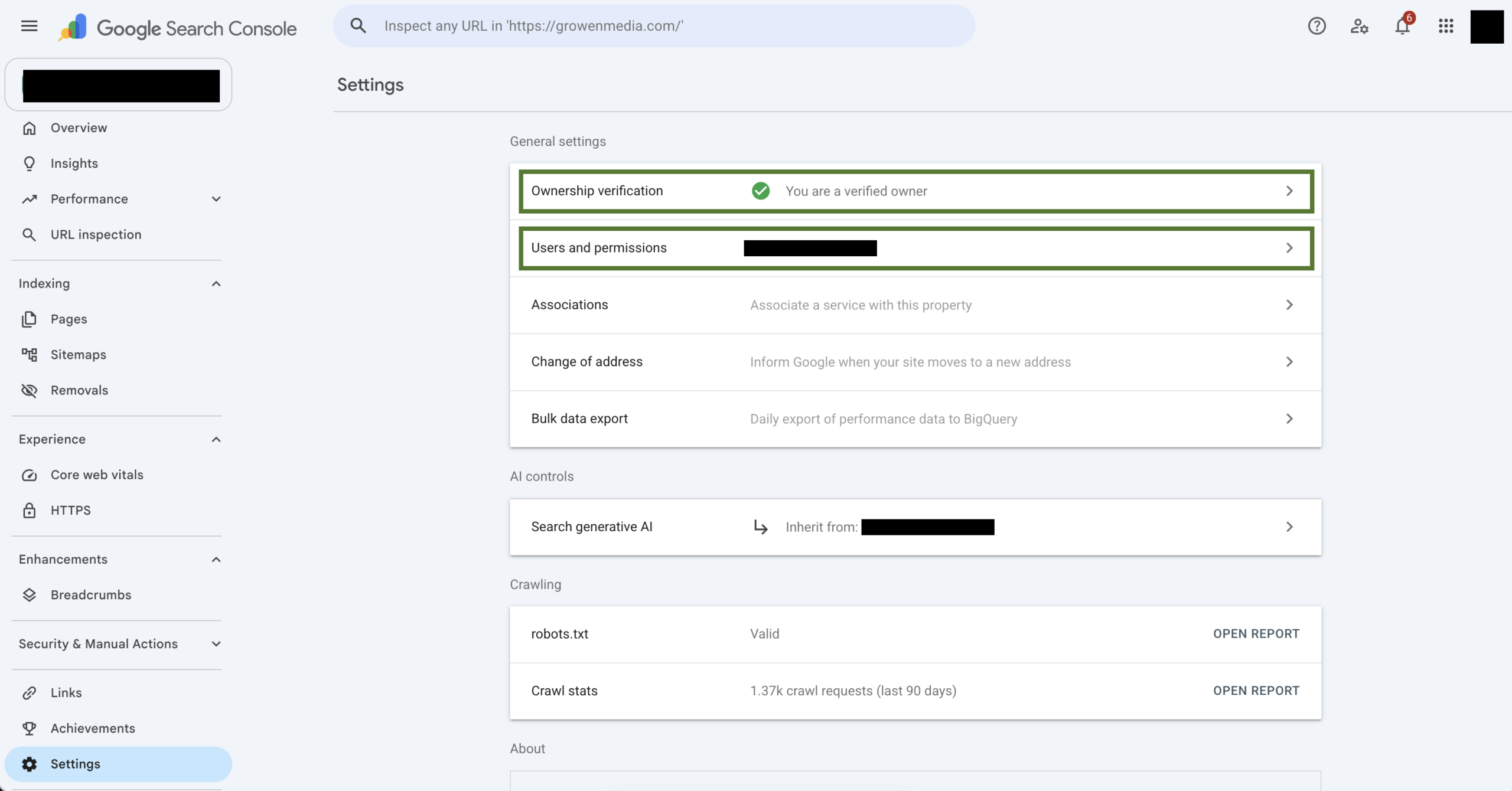 Google Search Console Einstellungen mit bestätigtem Eigentümer-Status und Nutzer- und Berechtigungen-Bereich